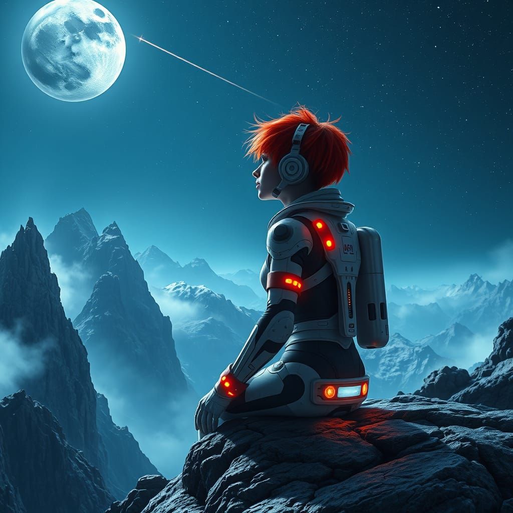 Cyborg Astronaut Gazing at Earth in Sci-Fi Landscape
