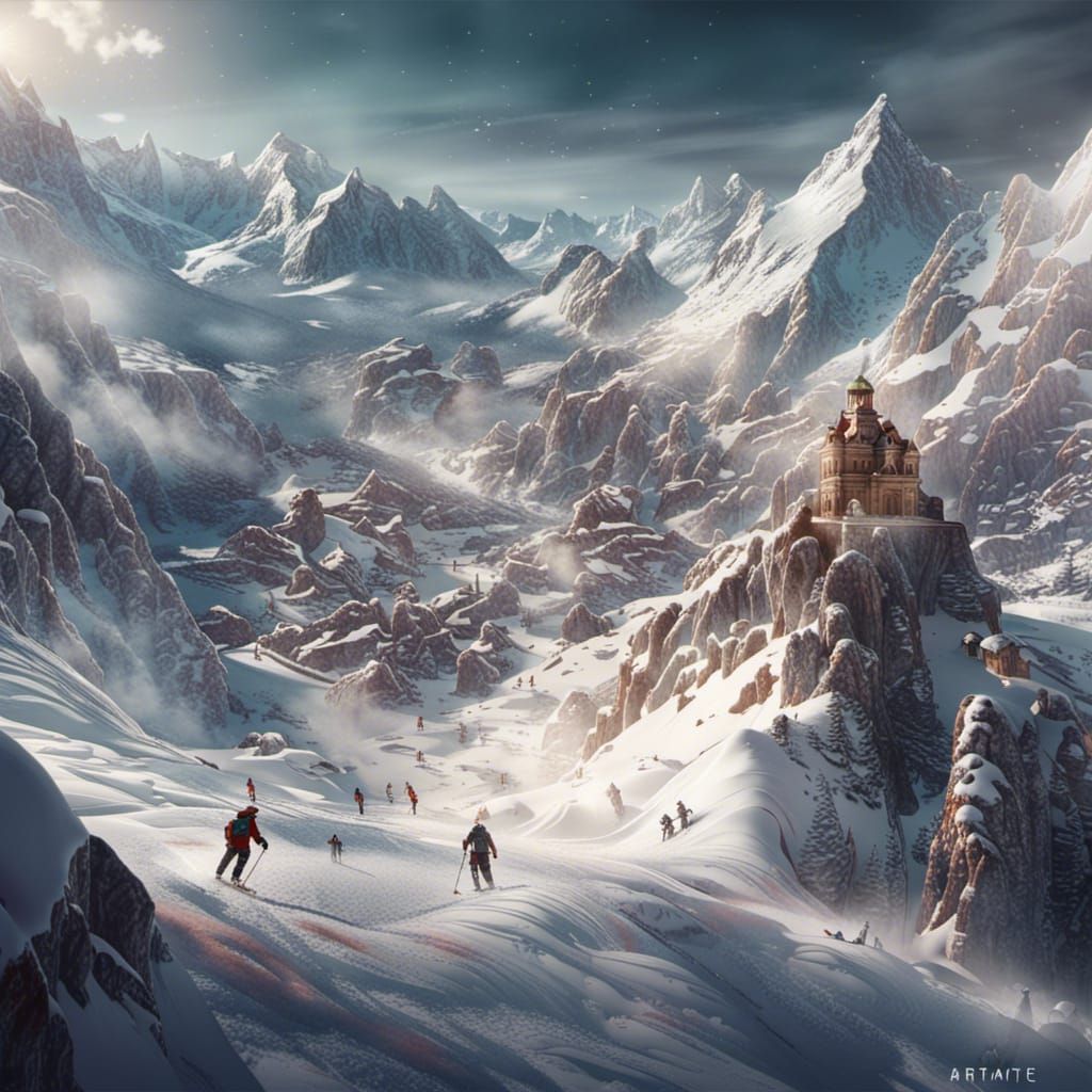 Snowy Swiss Alps Skiing Scene in Detailed Matte Painting