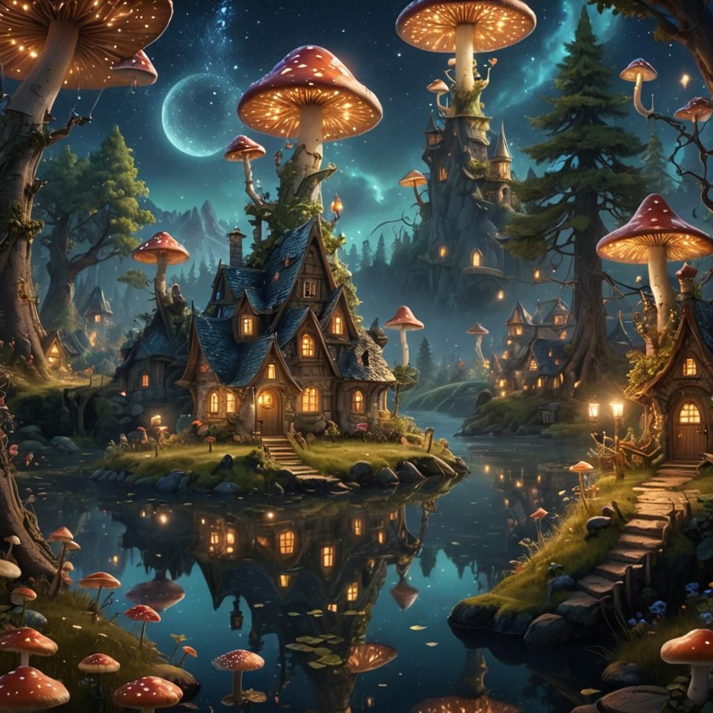 Enchanted Forest Village Under Starry Night Sky
