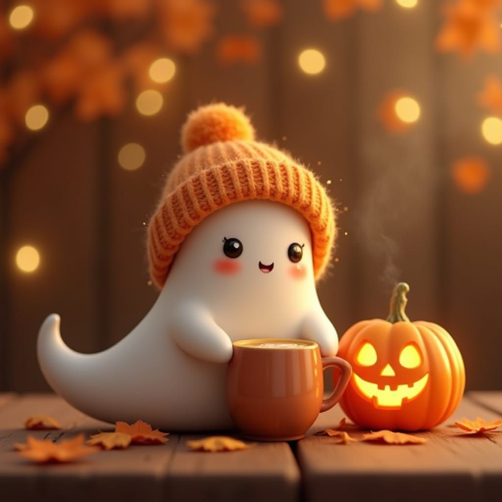 Adorable Ghost in Beanie Holding Coffee, Autumn Scene