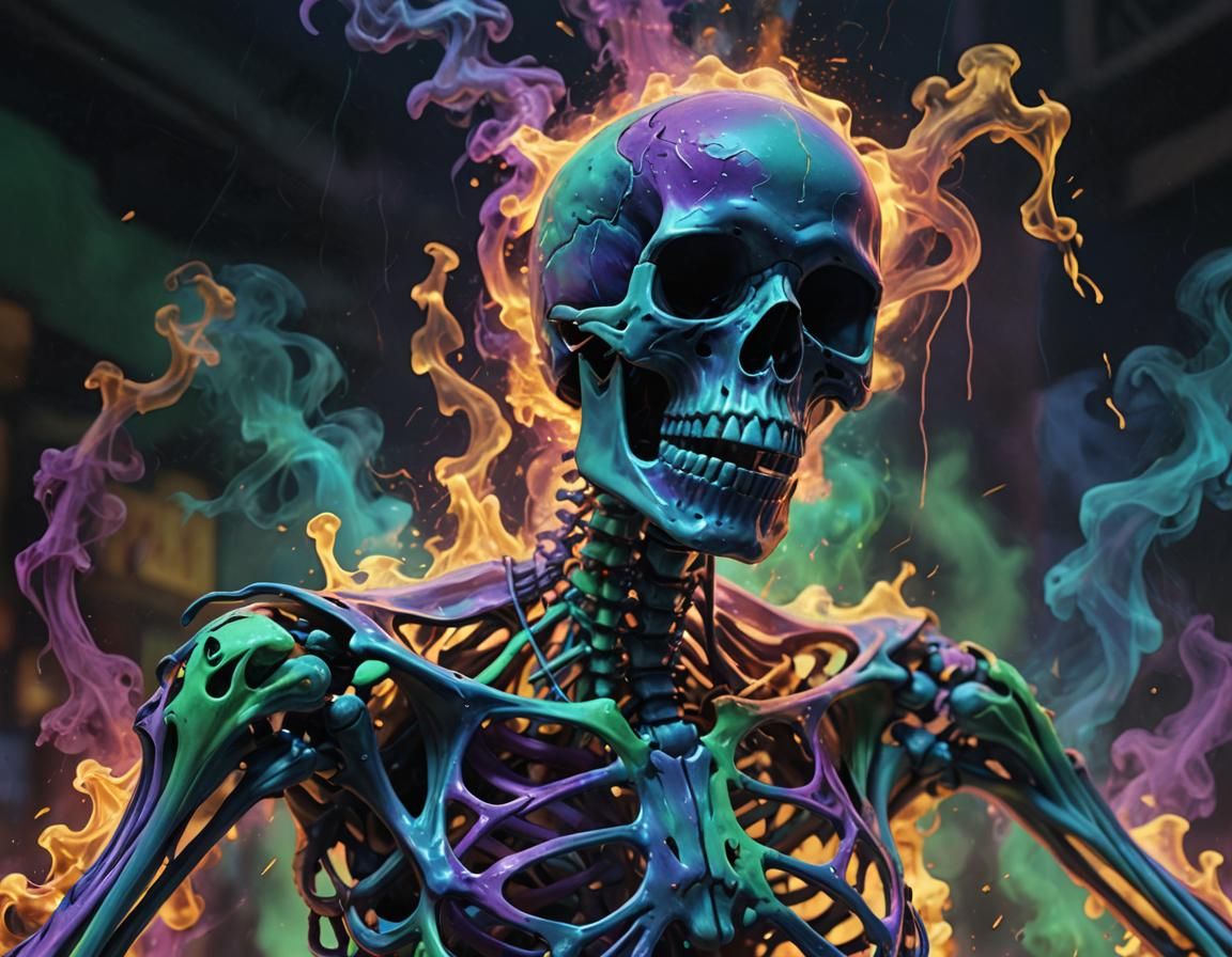 Neon Skeleton Dissolving in Digital Matte Painting