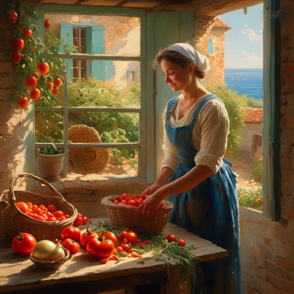 Italian Peasant Lady Slicing Tomatoes: Impressionist Oil Pai...