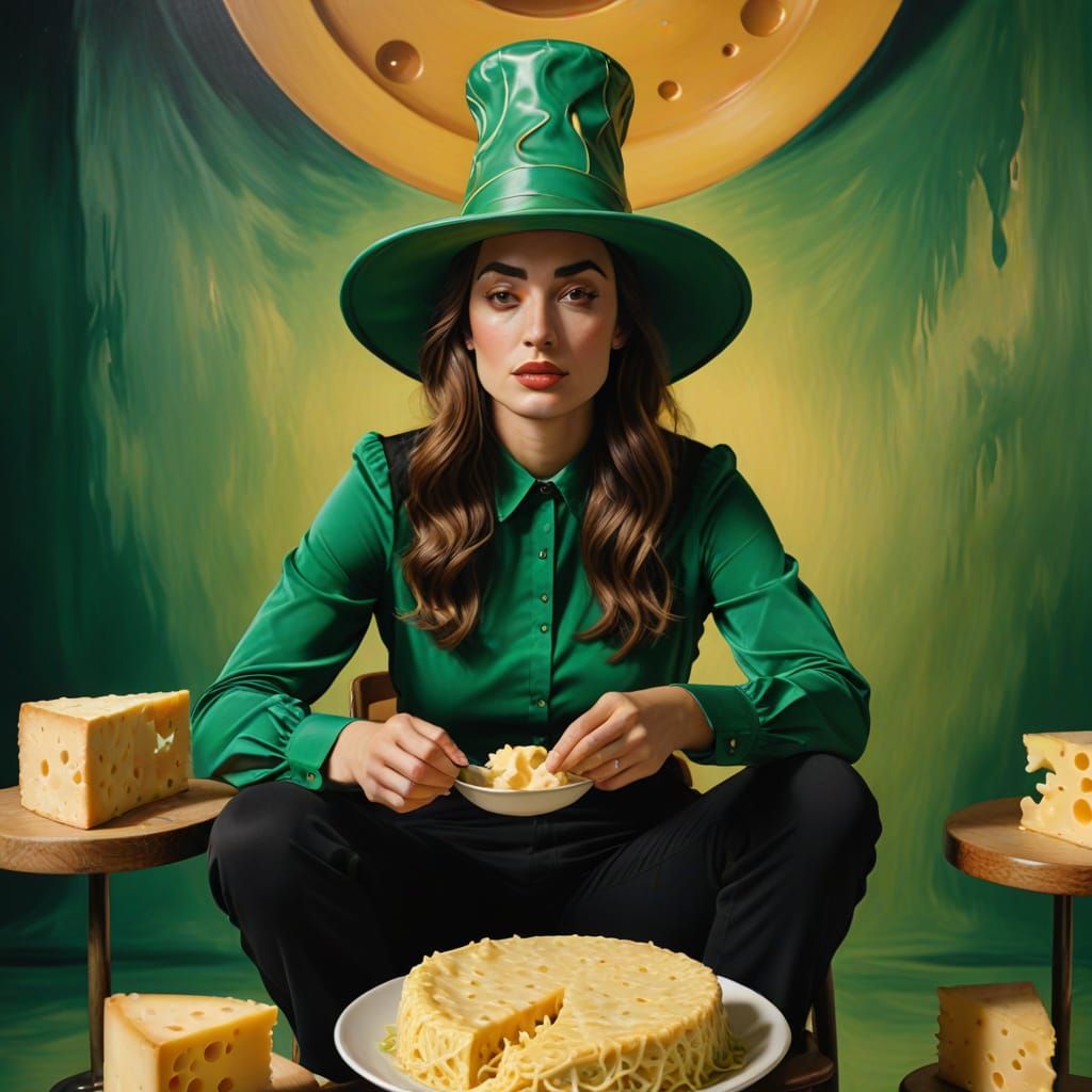 Woman in Cheese Hat: A Surrealist Oil Painting