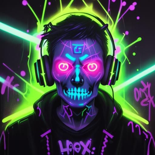 Glowing Skulls with Neon Headphones in Graffiti Art