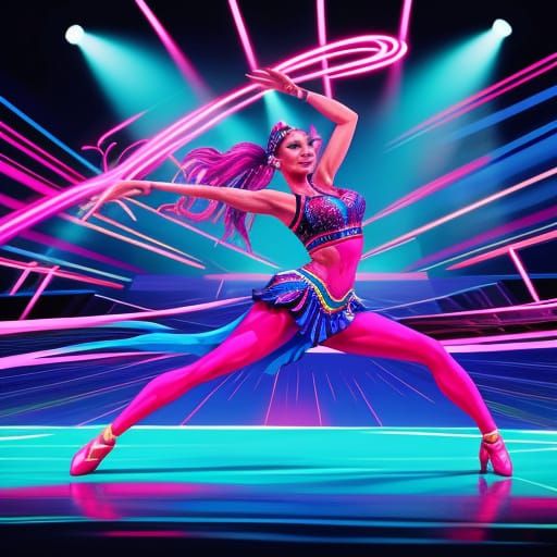 90s Female Dancer in Vibrant Digital Art on Stage