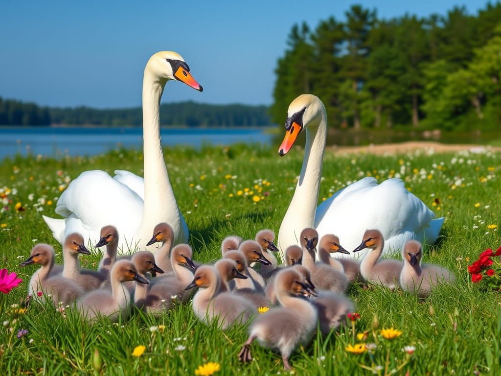 Swans and Ducklings in a Wildflower Meadow