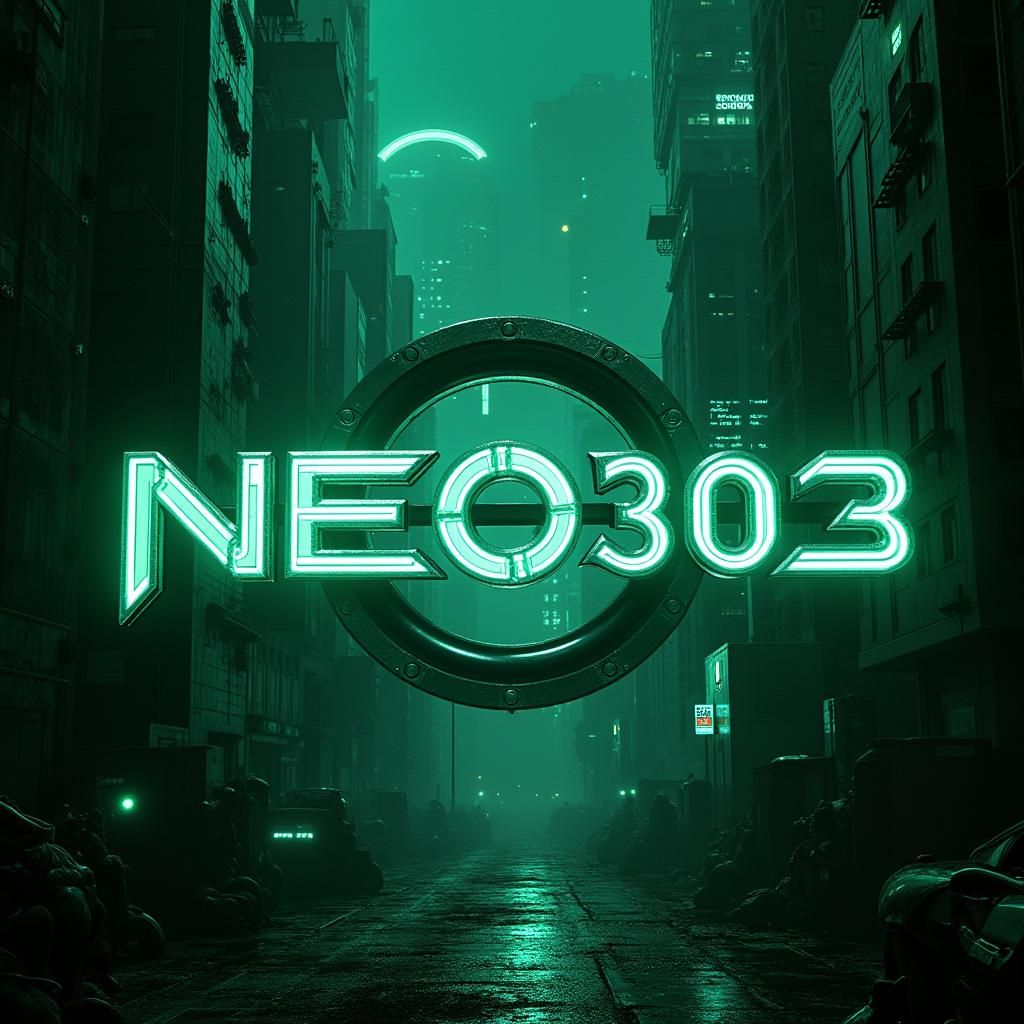Futuristic Neon "NEO303" in Cyberpunk Cityscape