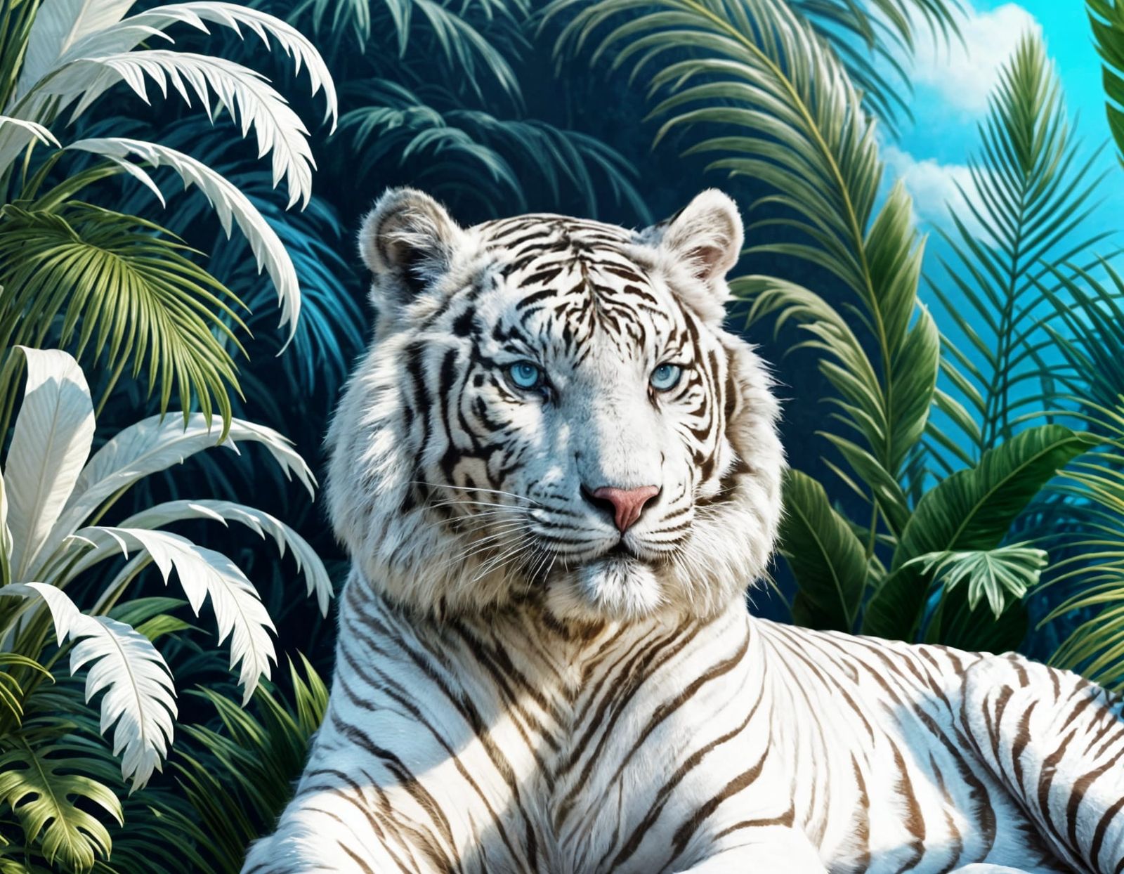 Majestic White Tiger in Tropical Floral Paradise