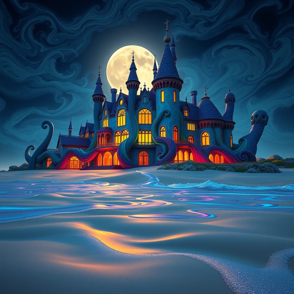 Surreal Estate on Moonlit Beach in Vibrant, Dreamlike Colors