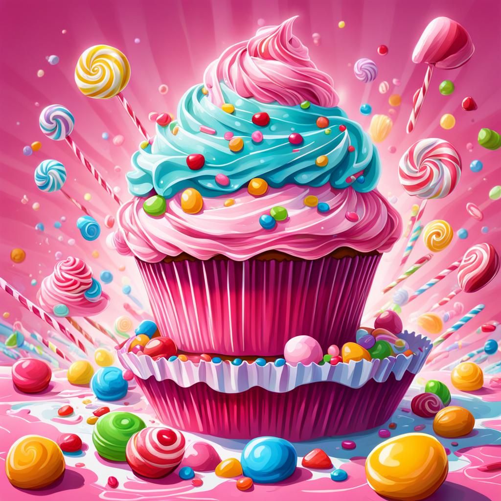Pink Cupcake in Whimsical Candy Art Style