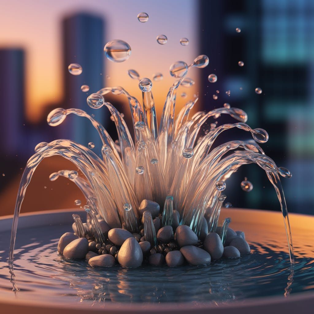 Futuristic Glass Fountain With Floating Stones and Suspended...