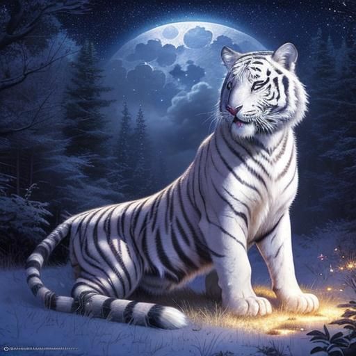 Fantasy White Tiger Under Starry Moonlit Sky