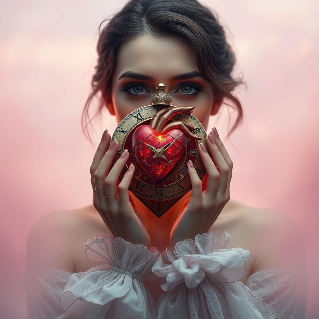 Woman Holding Heart Clock in Art Nouveau Style