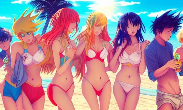 Anime Beach Party in Maximalist Style