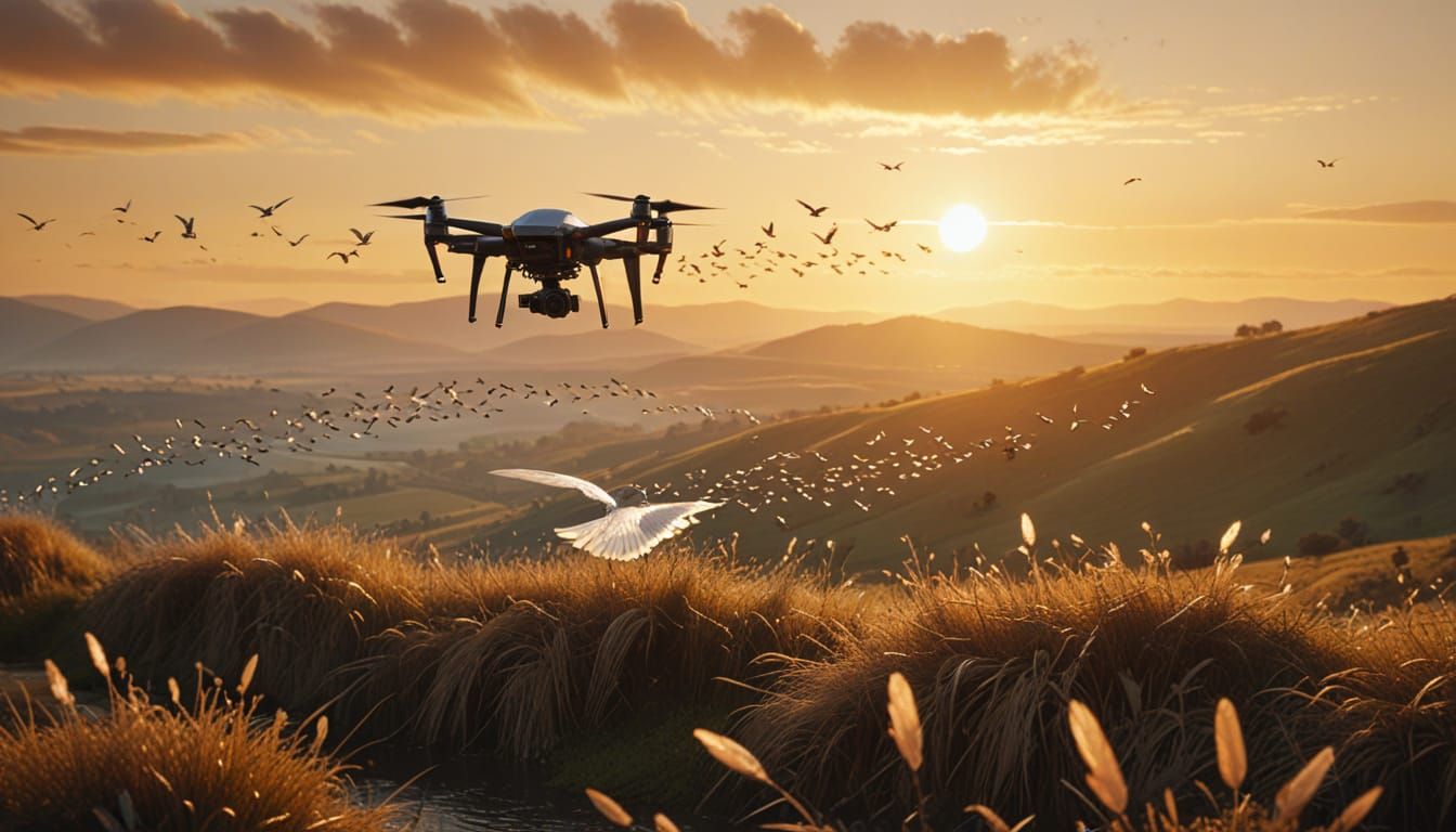 Drone Flies With Migrating Birds in Golden Hour Light