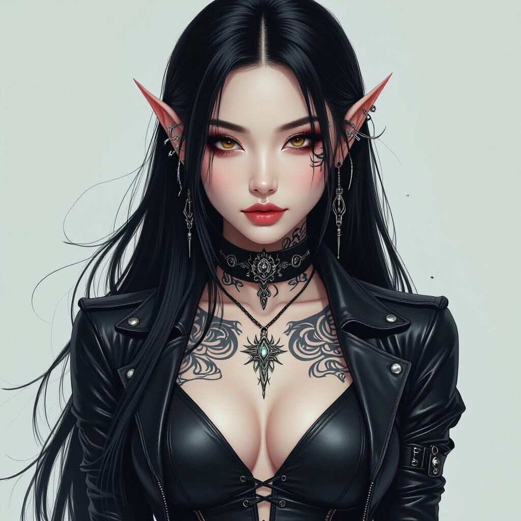 Fae Woman with Tattoos in Gothic Cyberpunk Style
