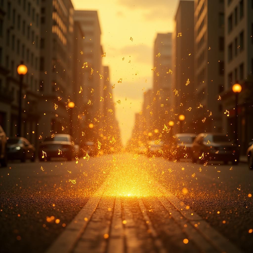 Golden Musical Notes Float Through City Streets