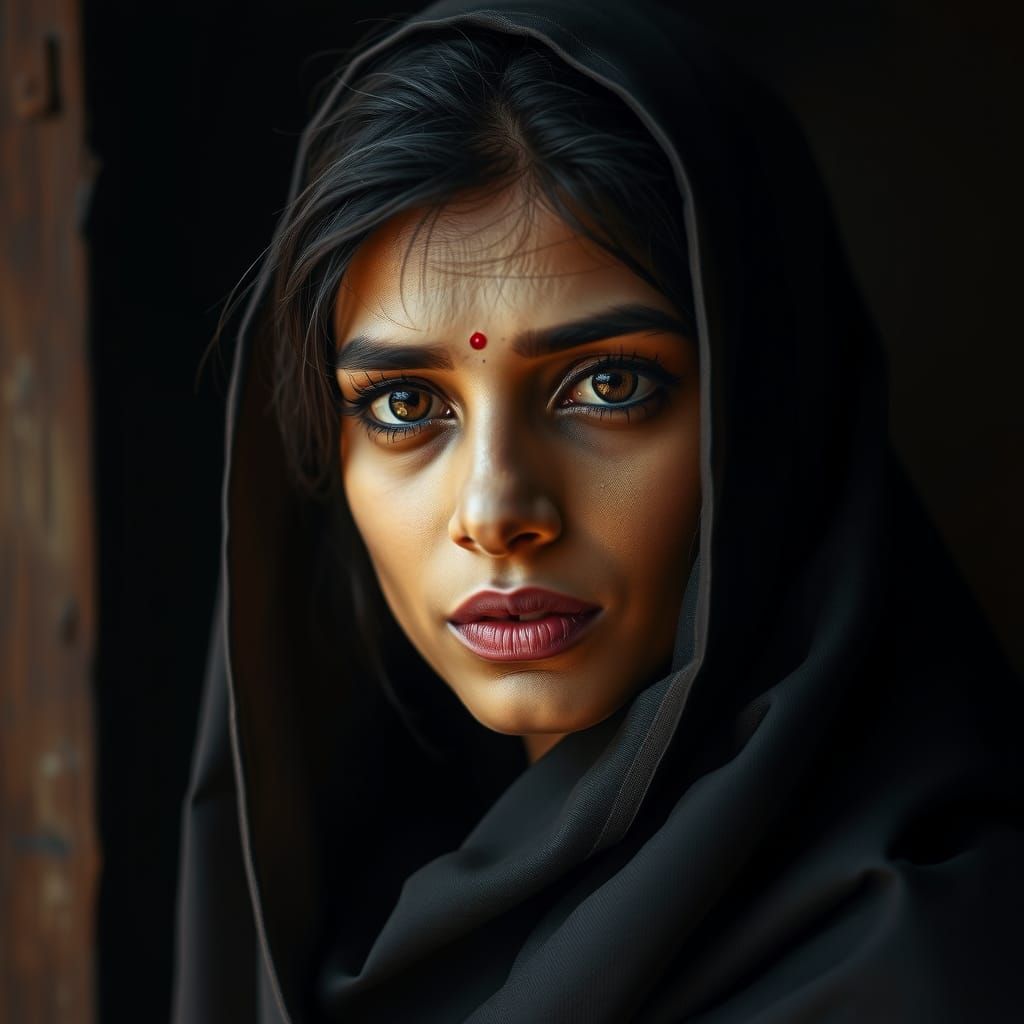 Demure Indian Woman Portrait in Hyperrealistic Style