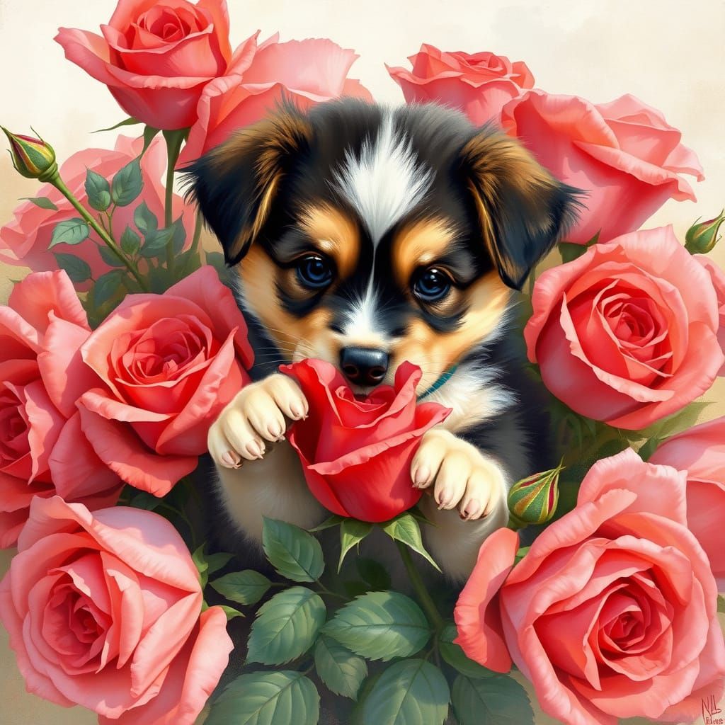 Whimsical Puppy in a Field of Red Roses
