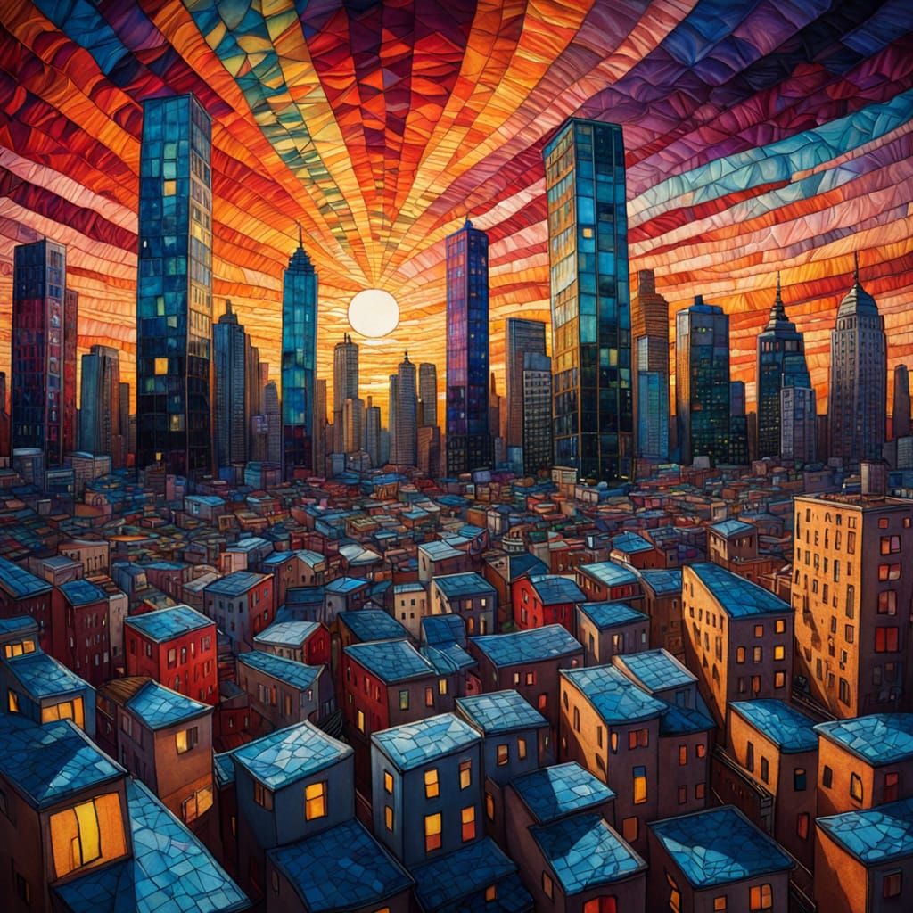 Surreal Cityscape in Vibrant Textile Art