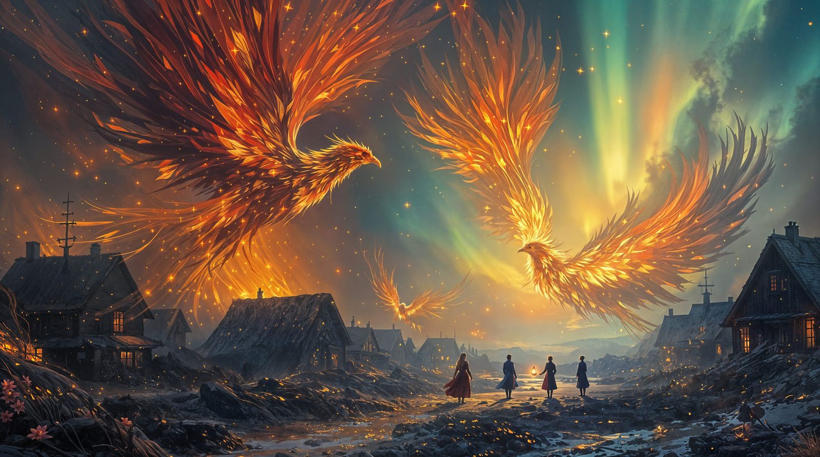 Historical Phoenixes of Resilience in Vibrant Colors