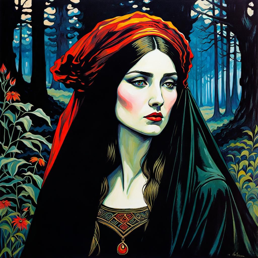 Gothic Druidess in Dreamy Gouache Ink Print