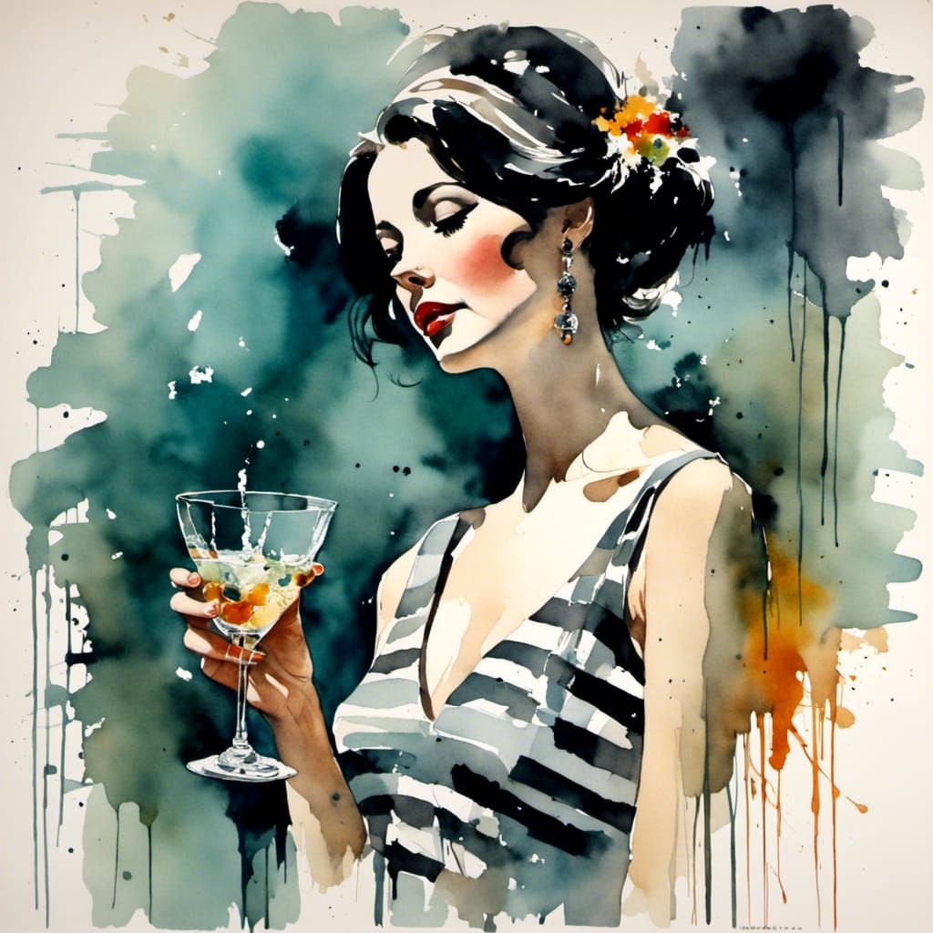 Woman with Martini in Watercolor Impasto Style