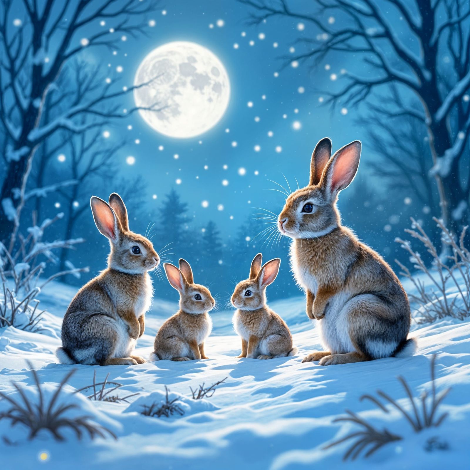 Watership Down Rabbits in Wintry Moonlight