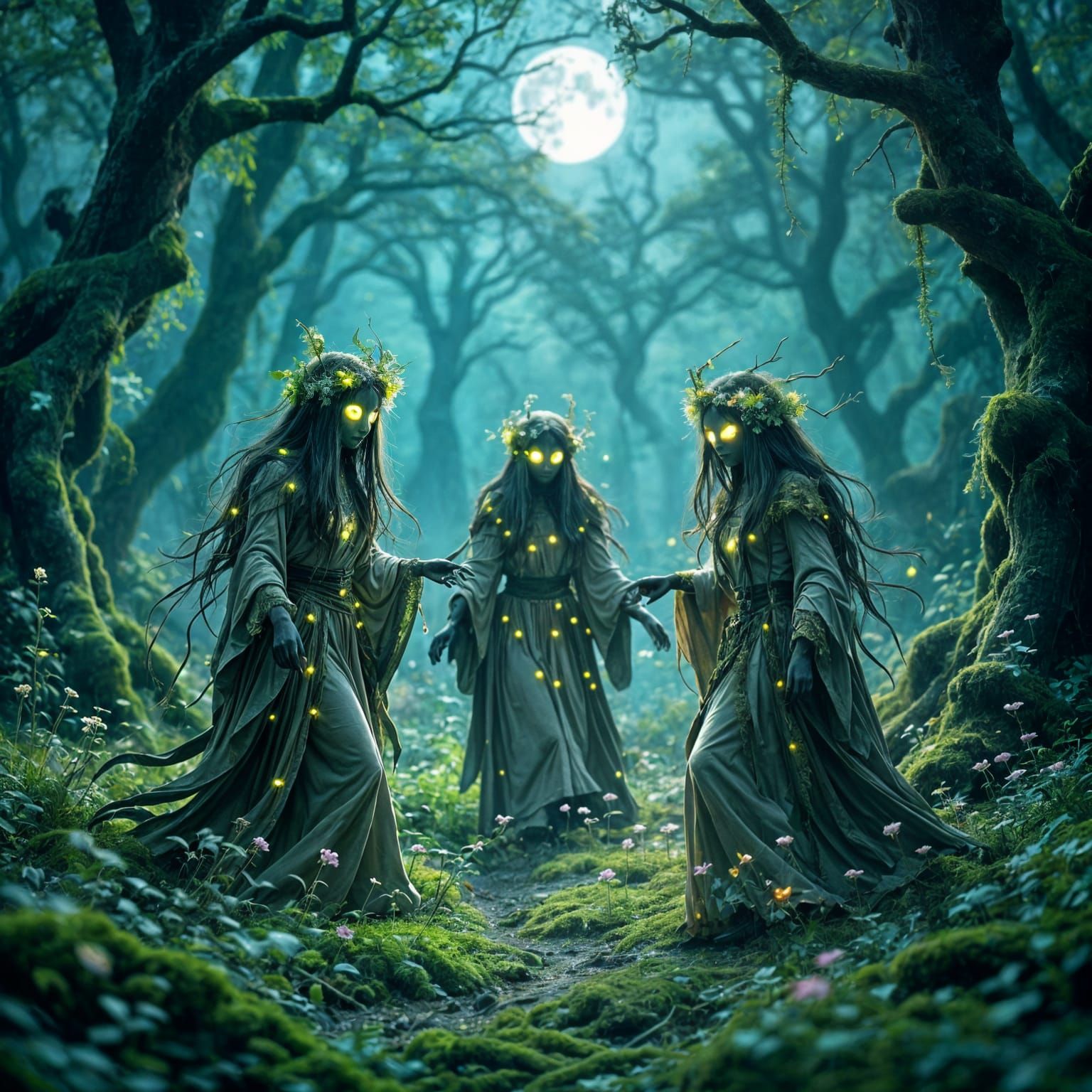 Mossy Forest Spirits Dancing in Moonlit Glade