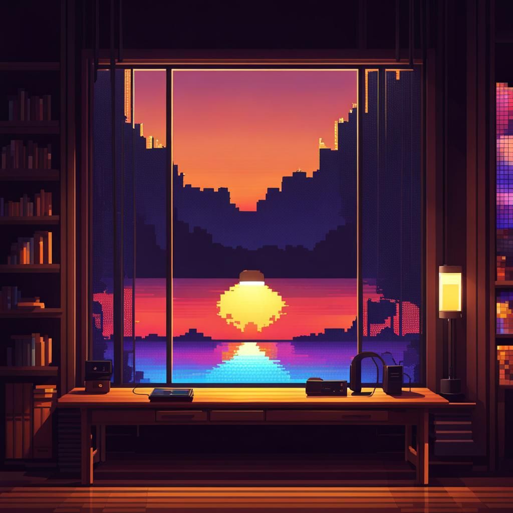 Sunset Pixel Art Table with Headphone