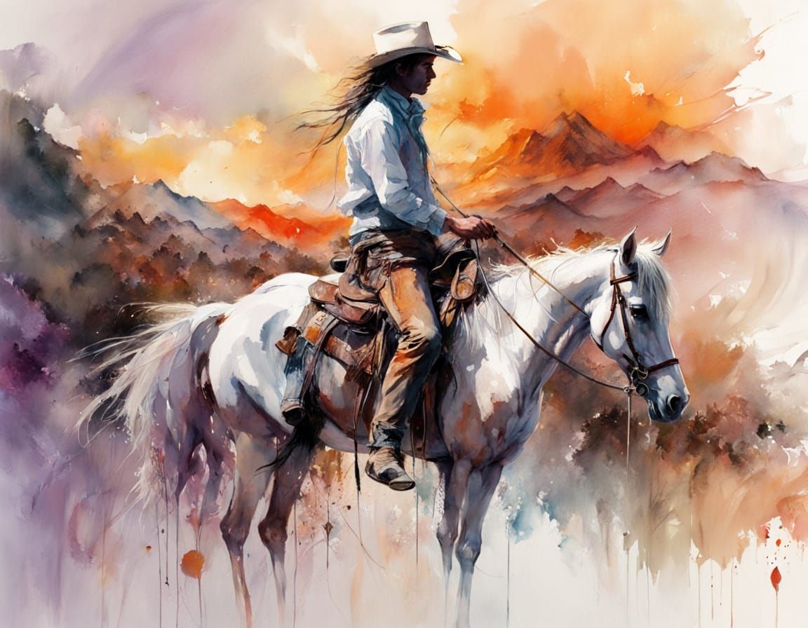 Cowboy Silhouette Riding Horse at Sunset in Watercolour