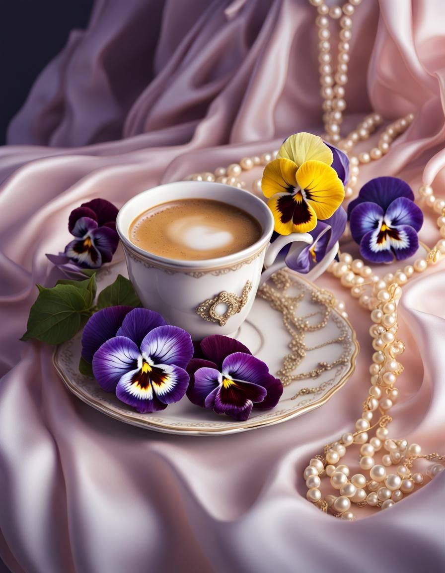 Pansies with Pearls: Hyperrealistic Splash Art Still Life