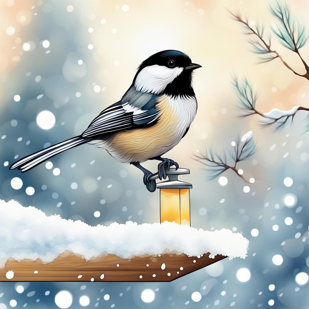 Chickadees in Snow with Abstract Watercolor Background
