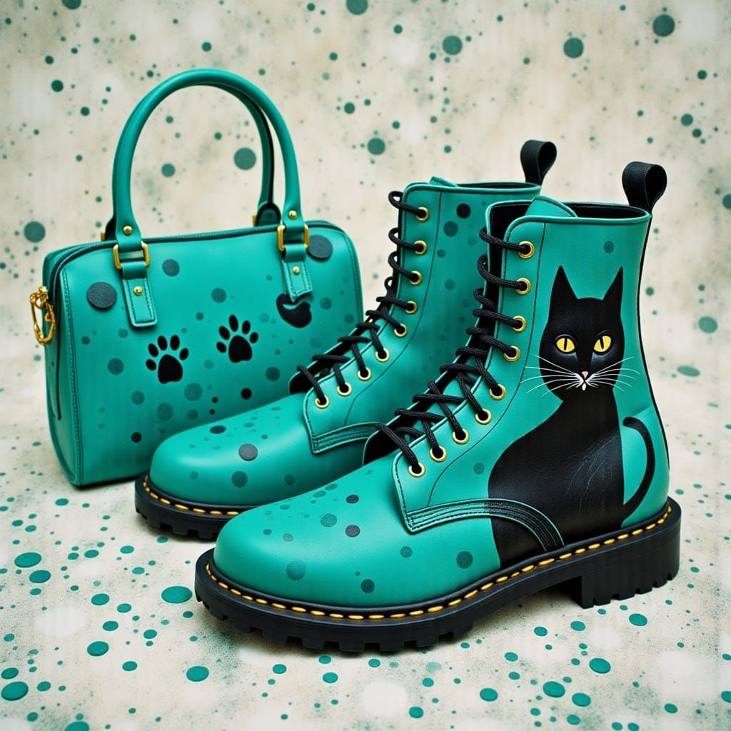 Turquoise Boots and Purse with Cat Art