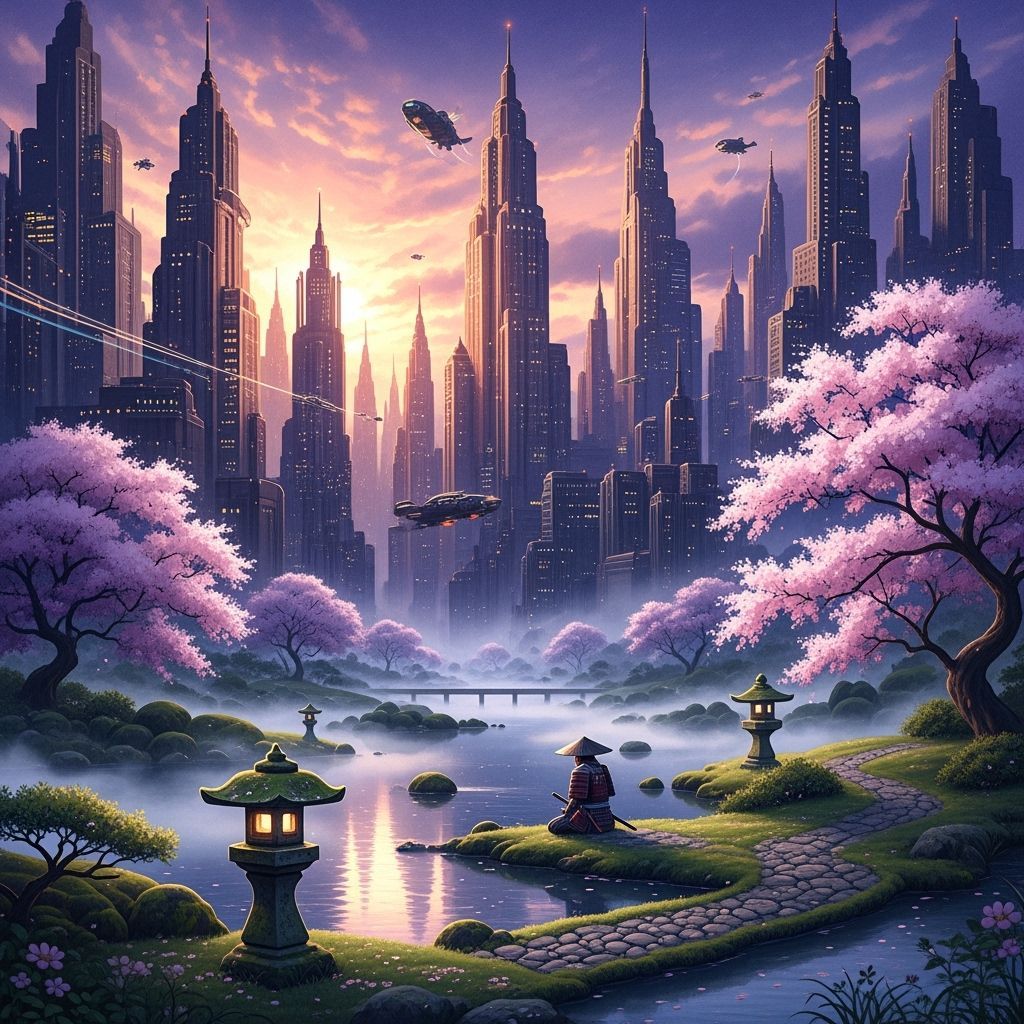 Art Deco Cityscape at Twilight in Retro-Futuristic Style