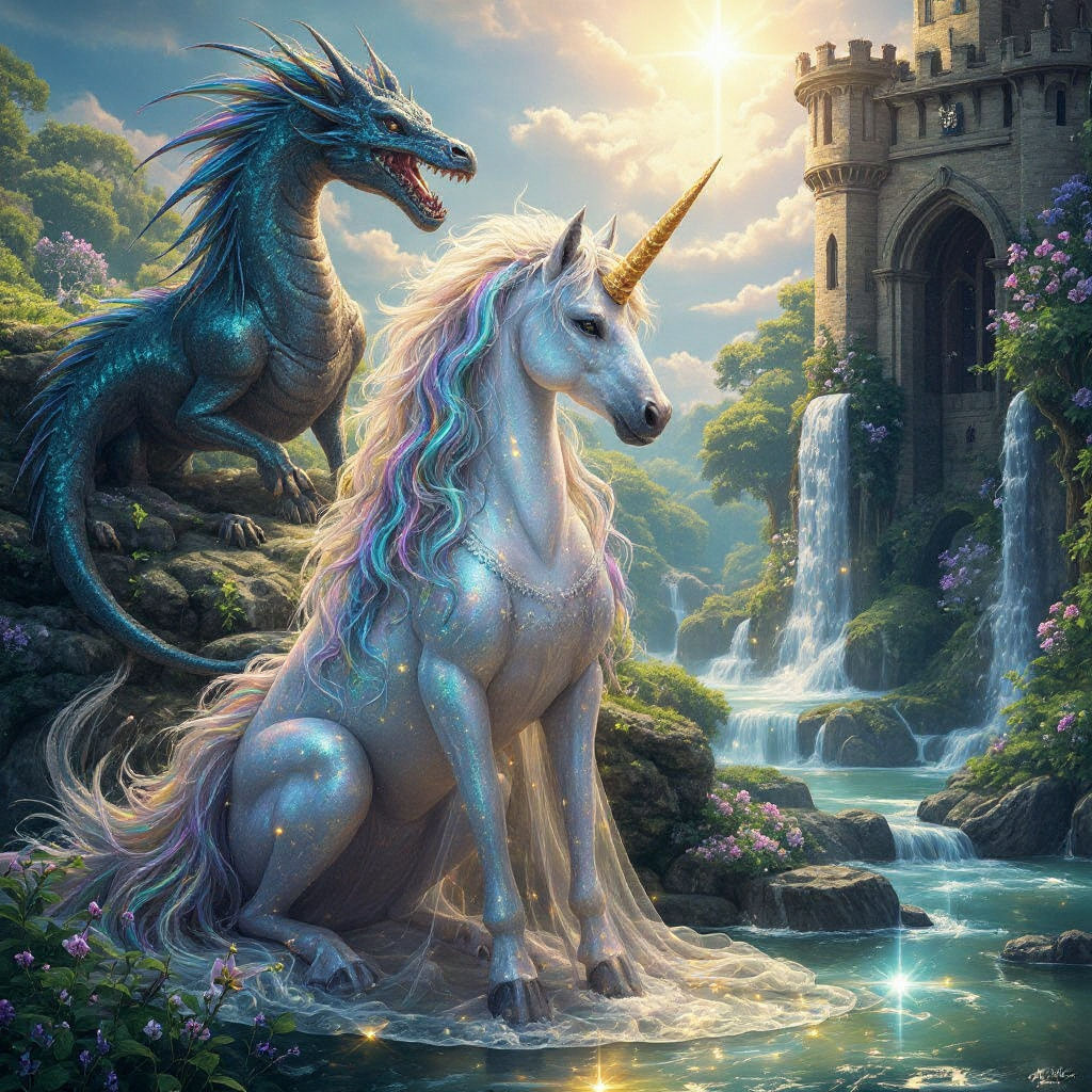 Luminous Dragon Perched Above Fantasy Garden