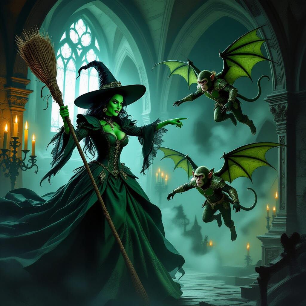 Wicked Witch in Gothic Castle with Winged Monkeys