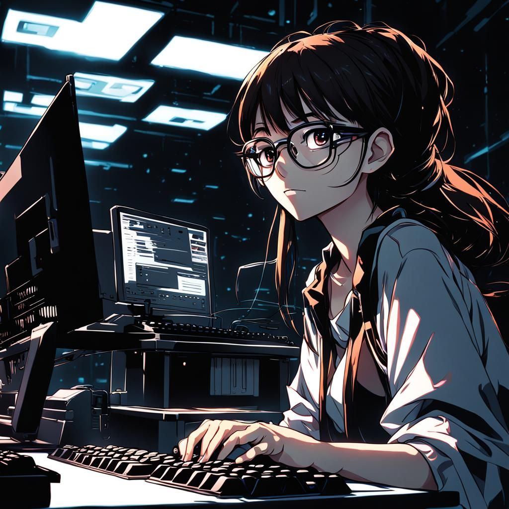 Anime Girl Coding in the Dark
