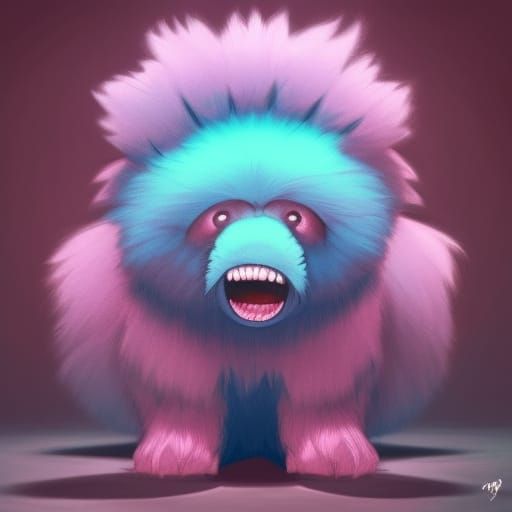 Happy Pink Furry Monster on Blue Blanket