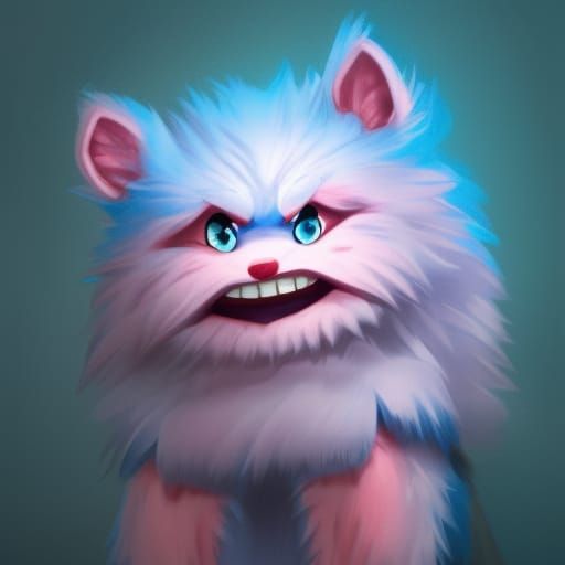 Happy Pink Fluffy Monster on Blue Blanket