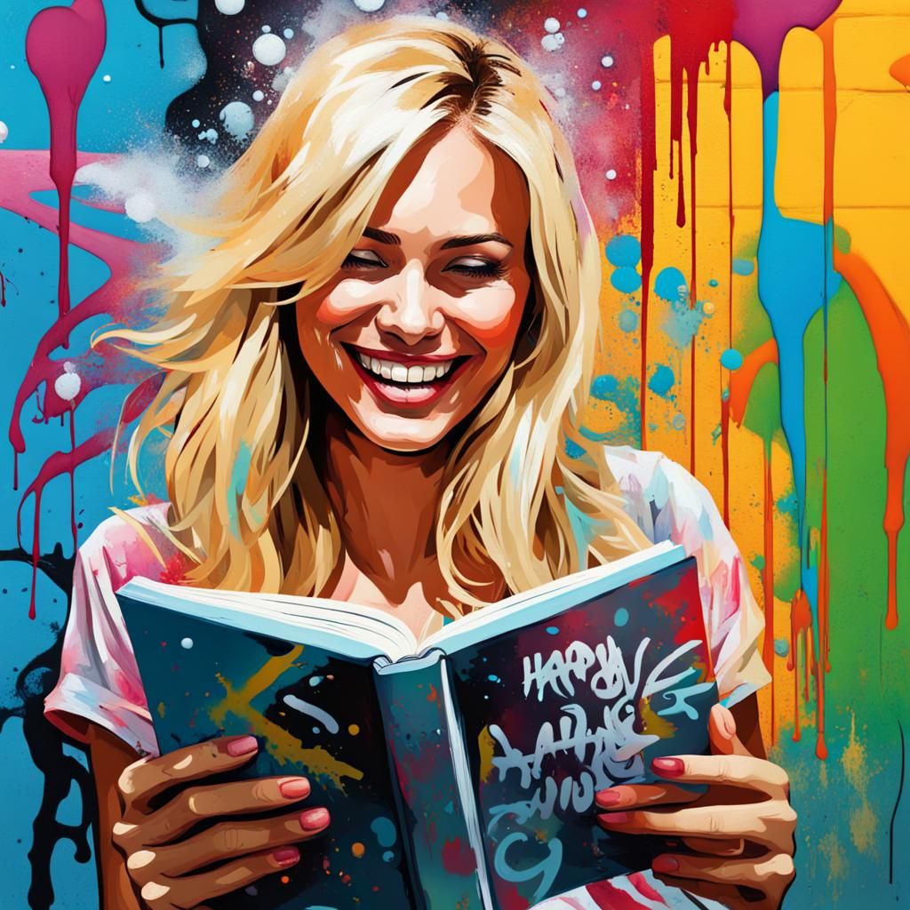 Blonde Woman Smiling in Colorful Graffiti Art