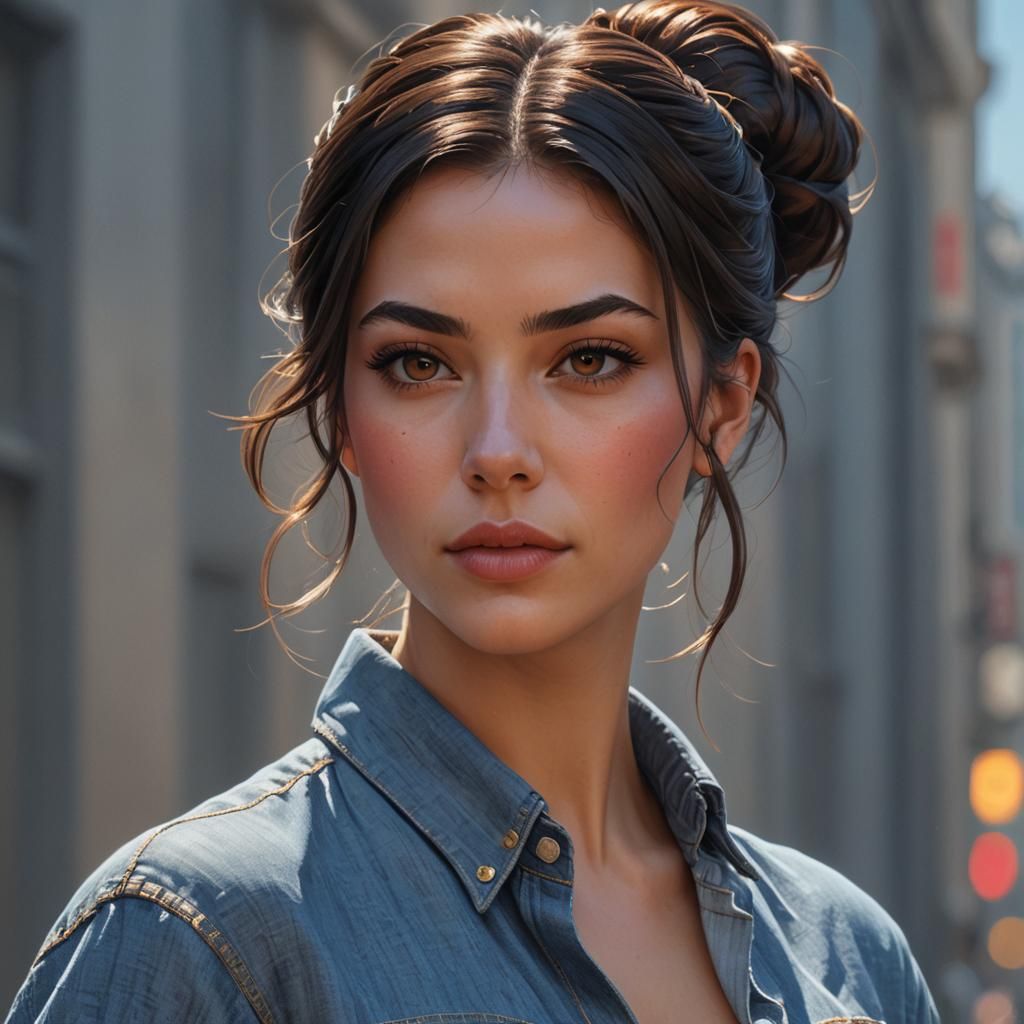 Realistic Portrait of Woman with Brown Eyes in Dynamic Light...