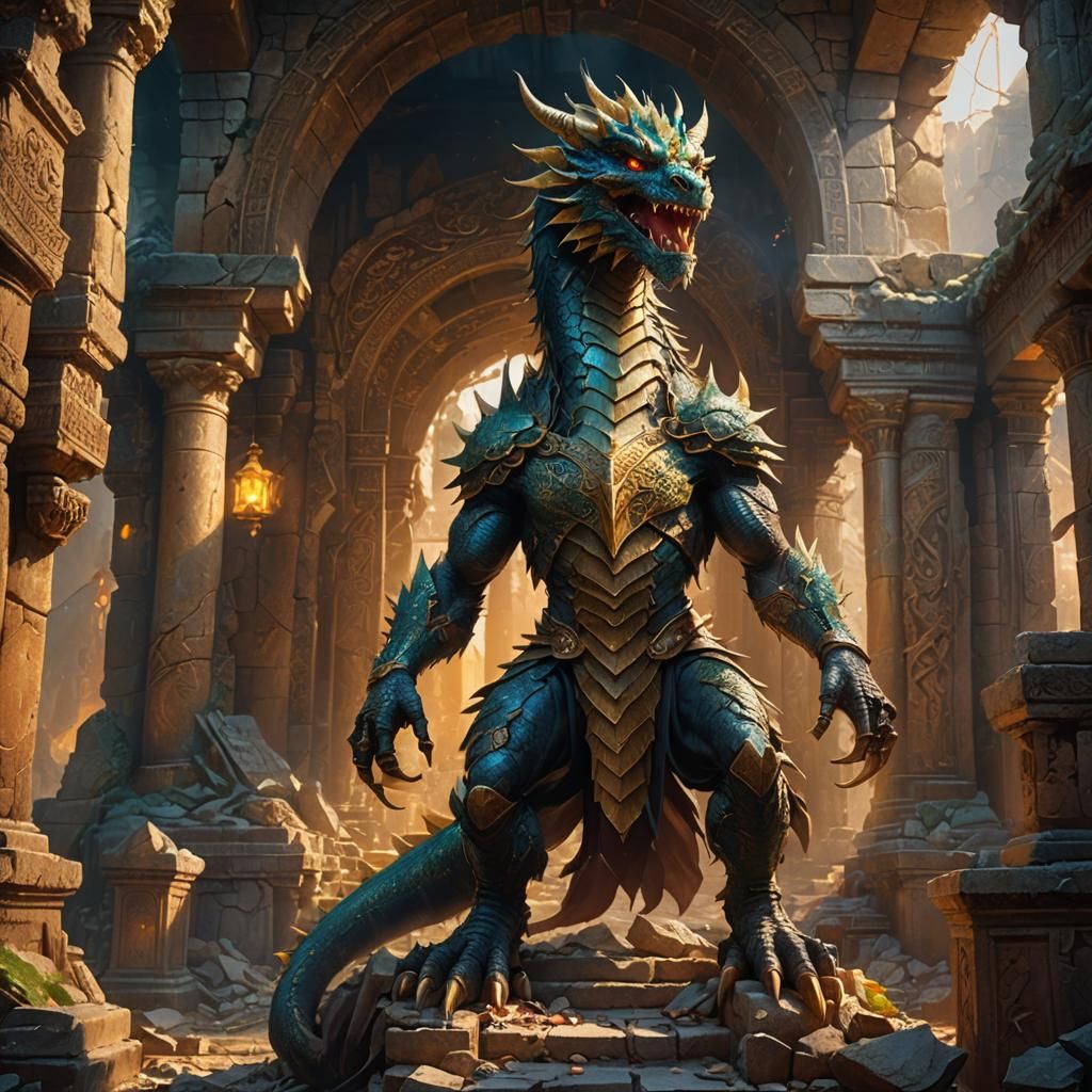 Half-Dragon Creature in Ruined Temple: Fantasy Art
