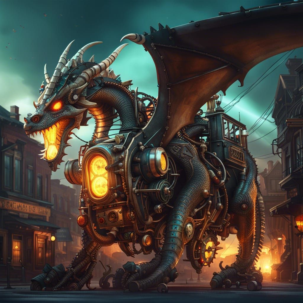 Steampunk Dragon Attacks Small Town Main Street