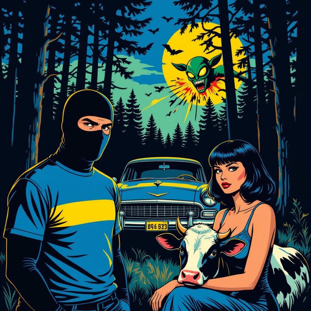 Ukraine Flag Man & Woman in Dark Forest, 60s Car, Pop Art St...