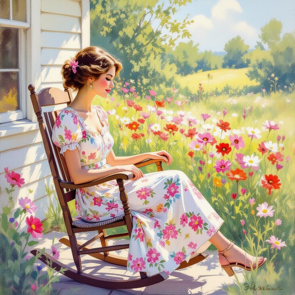 Charming Lady in Rocking Chair, Watercolor Style