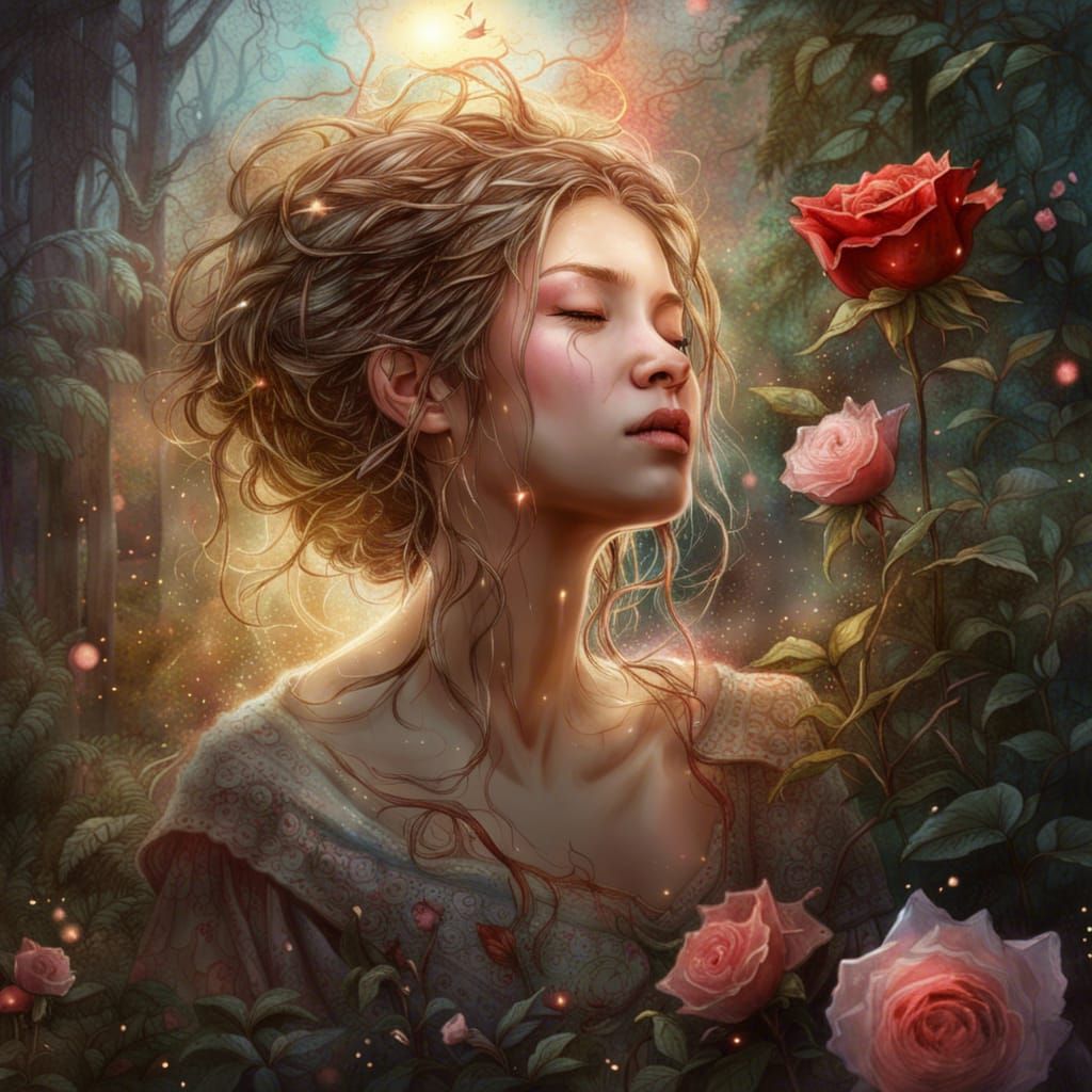 Princess Smelling Rose in Hyperreal Garden