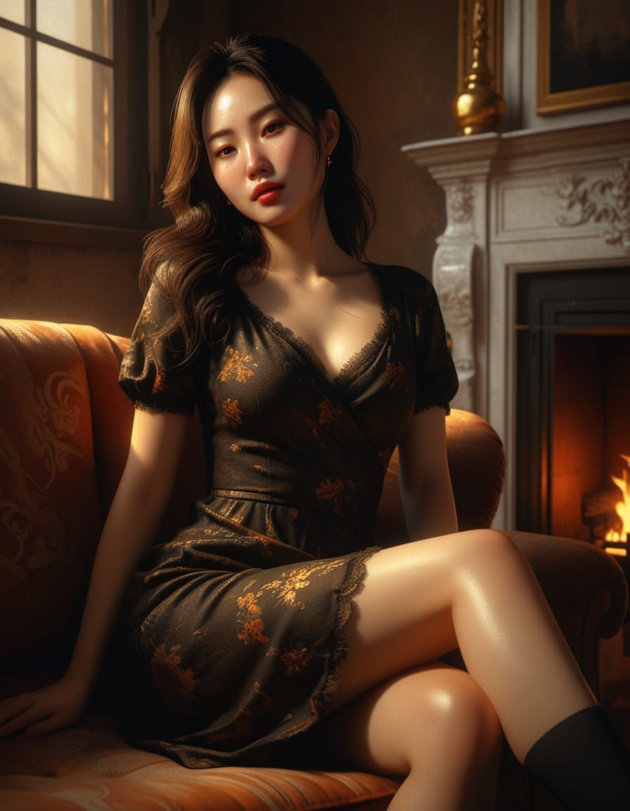 Korean Woman Portrait in Baroque Oil Painting Style