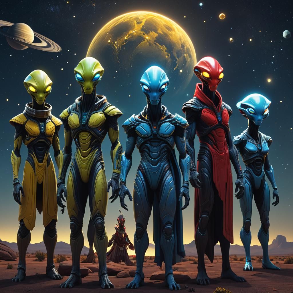 Intergalactic Alliance: Sci-Fi Aliens in Starry Night