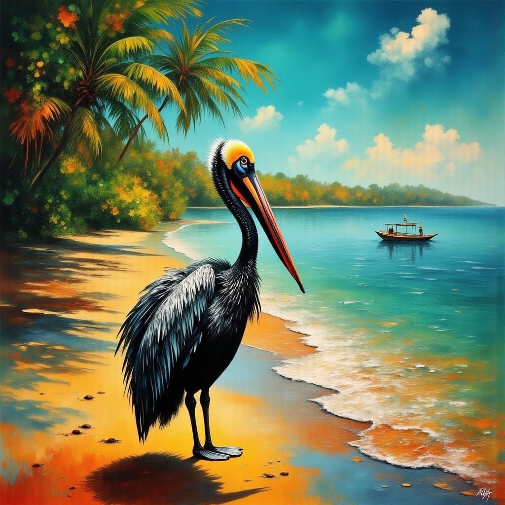 Photorealistic Pelican on Tropical Beach in Cinematic Style